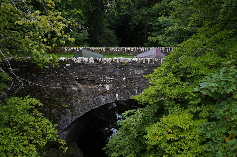 Camping on a stone bridge in the Scottish Highlands
